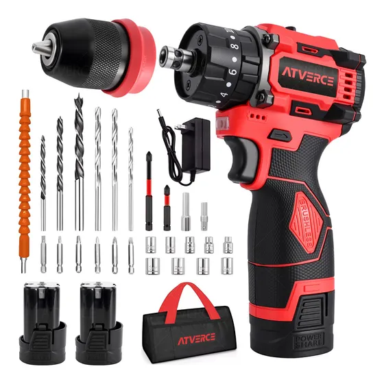 Atverce kit taladro atornillador inalámbrico impacto sin escobillas color rojo ATV+DZ+16