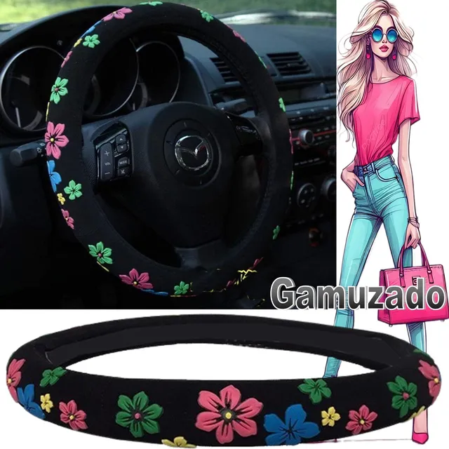 Funda De Volante Semi Cuero Gamuza Flores Para Vehículo Dama