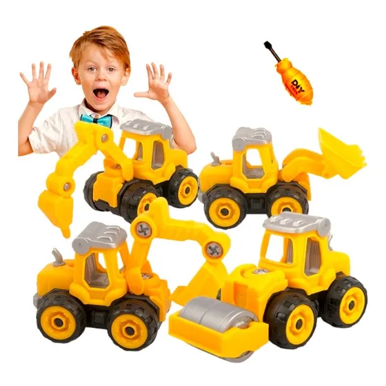 Kit 4 Carrinho Didático Brinquedo Caminhão E Trator Infantil Cor Amarelo Personagem kit 4 trator e caminhão