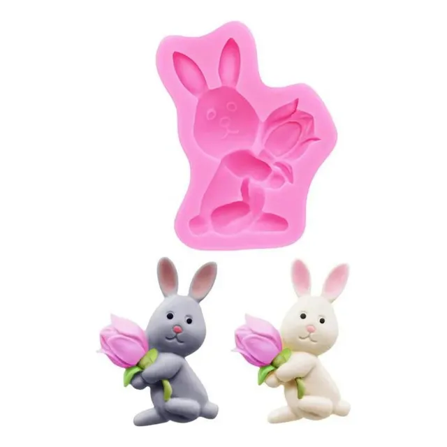 Molde Silicona Conejo Pascua Con Rosa Fondant Porcelana Fria