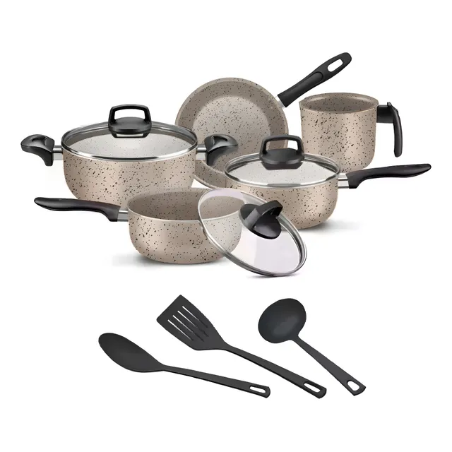 Jogo De Panelas 8 Peças Teflon Antiaderente C Tampa De Vidro Cor Vanilla Ceramic