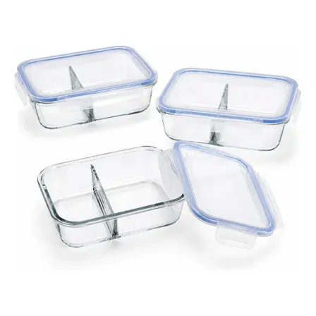 Conjunto 3 Potes Hermético Vidro C/ Divisória Marmita 640ml Transparente
