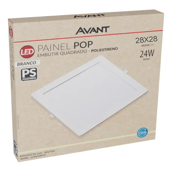 Luminária Plafon Led Embutir Avant 858131374 Pop 24w Quadrado 127/220V Branco Neutro 4000k Gesso 28x28cm Nicho Corte 260mm