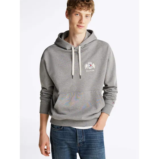 Sudadera Gris Capucha Escudo En Pecho Tommy Hilfiger Hombre