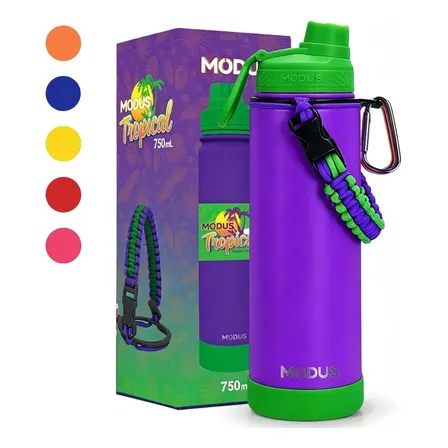 Garrafa Térmica Cokunst Tropical 750ml Aço Inoxidável, Mantém Temperatura, Ideal Para Academia, Viagem e Lazer modus Roxo e esverdeado