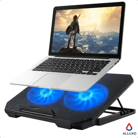 Suporte Notebook Com 2 Cooler Ventoinhas Base Mesa Led Refrigerada Ventilação Silenciosa Cor Preto Led Azul Laptop Notebook Até 17 Polegadas