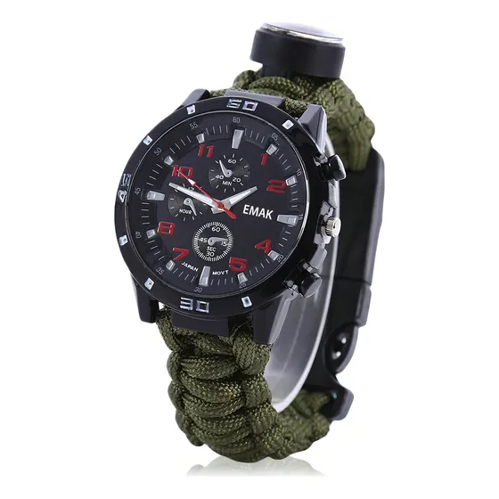 Relógio Tático Sobrevivência Paracord Pederneira Bussola 5x1 Correia Militar, Verde Preto Bisel Padrão Fundo Preto