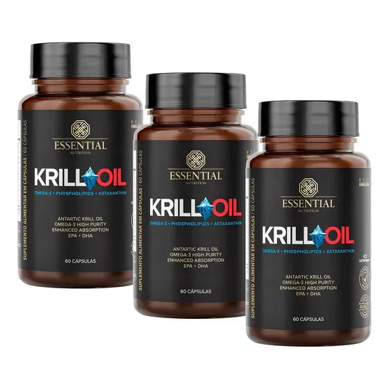 Kit 3x Krill Oil Essential Nutrition 60 Caps Cada Sabor Sem Sabor