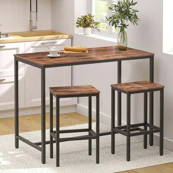 Mesa Bar De Cocina Rectangular Con 2 Bancos Portátiles