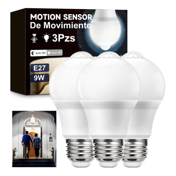 3 Focos Led Ahorrador Con Sensor De Movimiento 9w E27 127V foco con sensor movimiento,focos con sensor movimiento,focos ahorradores,foco,focos led,foco ahorrador,sensor movimiento