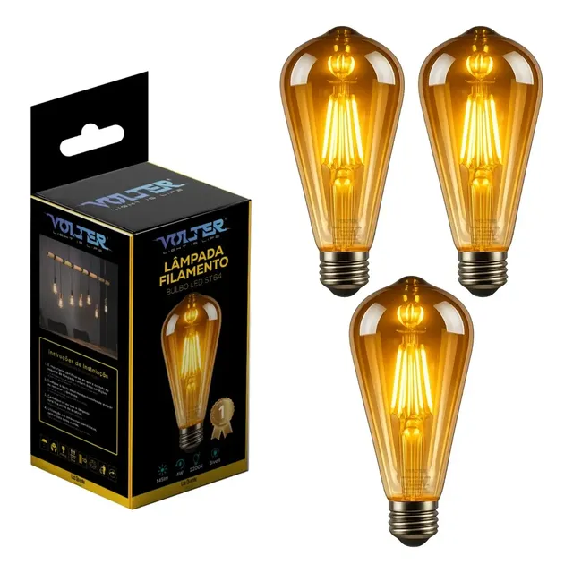 Kit 3 Lâmpada Filamento Led Decorativa Retrô Vintage Âmbar Cor Da Luz Branco-quente