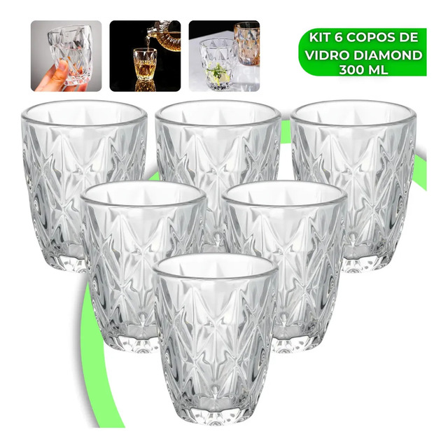 Jogo 6 Copos Diamond 300ml Vidro Grosso Diamante Luxo Moderno Resistente Buffet Casual Bai...