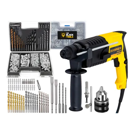 Martelete Perfurador Impacto Rotativo 650w + Jogo 300 Peças Amarelo 127 50/60hz