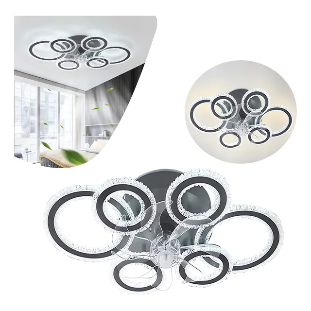 Ventilador Luminária Cristal Teto 7 Pás Com Controle 108w