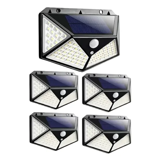 Kit 5 Luminária Solar Luz 100 Led Sensor Jardim Prova D'água Cor Preto CPX