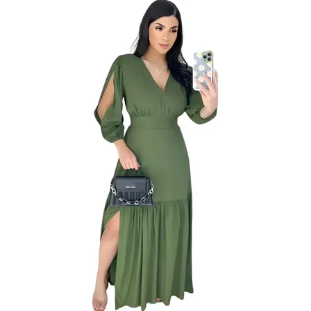 Vestido Longo Babado Fenda Manga 3/4 Evangélico Elegante Liso - Verde Militar Único (36 Ao 46)
