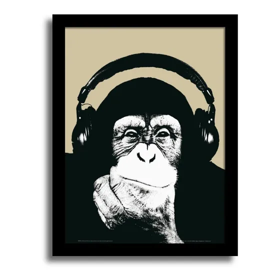 Quadro Decorativo Retrô Macaco Chimpanzé De Fone Sala Barato