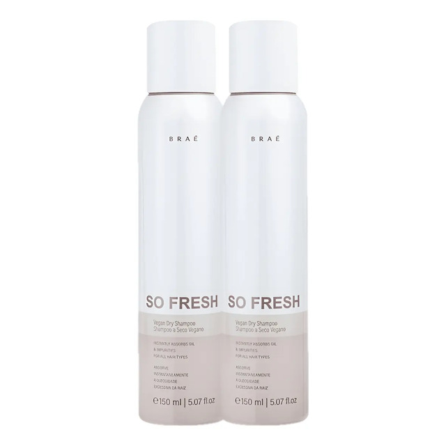 Duas embalagens cilíndricas do shampoo a seco Braé So Fresh de 150ml, na cor branca com detalhes em cinza claro.