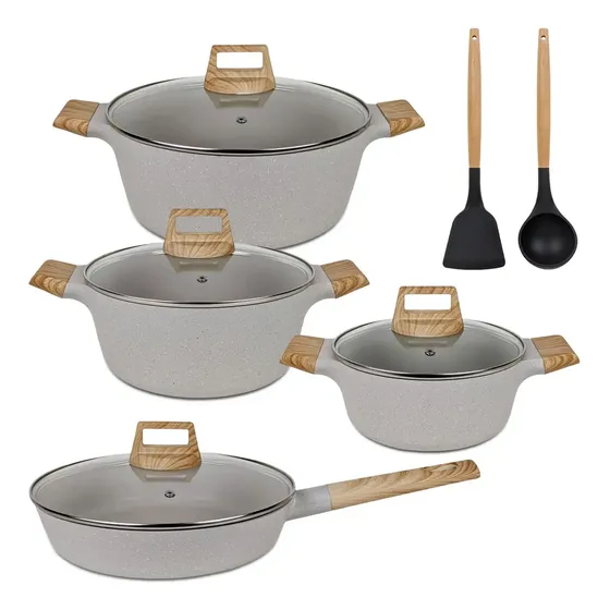 Batería De Cocina Antiadherente Honhey 10 Piezas Olla, Sartén - Cuerpo Aluminio Forjado, Recubrimiento Cerámico, Apta Cocina Inducción, Libre PFOA - Granito Crema | Cuotas sin interés
