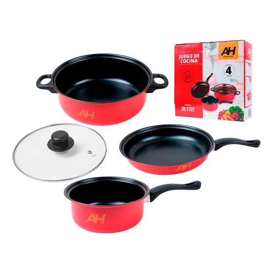 Bateria Cocina Ollas Sarten 4 Piezas Linea Economica Ah2102 Color Rojo