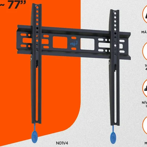 Suporte Fixo de Parede TV 32 a 77 Polegadas 50kg ELG Slim VESA 100x100 a 400x400 Distância 2,9 a 5cm Aço Carbono Preto N01V4