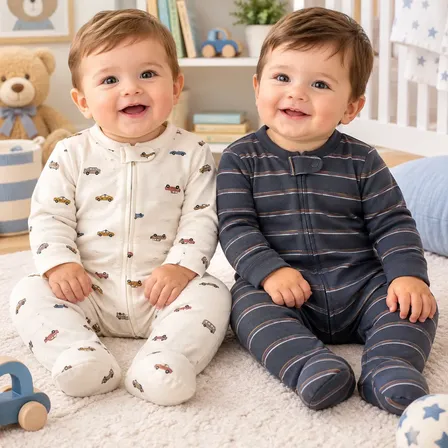 Kit 2 Macacões Bebê Menino Carter's Com Zíper E Pé Azul Bege Listras / Carrinhos 6/9 Meses