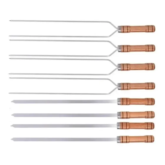Kit 8 Espetos Alumínio Churrasqueira Churrasco Cabo Madeira