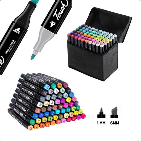 Kit 60 Canetas Marcadoras Ponta Dupla Com Bolsa Cores Vivas