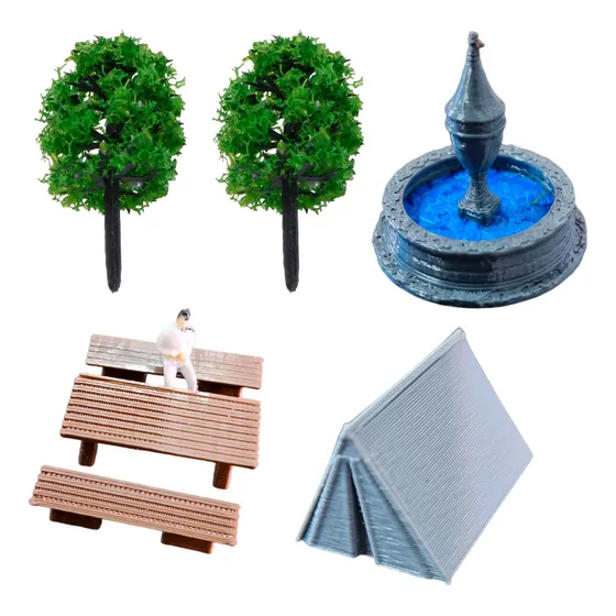Kit 7 Miniaturas Maquete Árvores Mesa Banco Fonte Barraca
