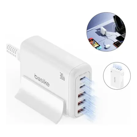 Carregue todos com um só: Basike GaN 30W Turbo Vórtice, 5 portas USB A+C, cabo T