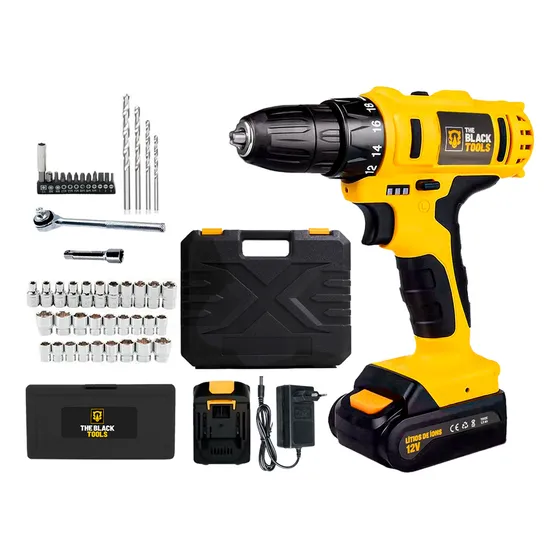 Furadeira Parafusadeira Sem Fio Bateria Tb-12E 12v 3/8 10mm Maleta E Acessórios The Black Tools + Jogo Soquetes 40 Peças