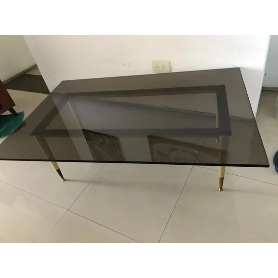 Mesa Centro Rectangular Base De Bronce Y Tope Vidrio Vintage