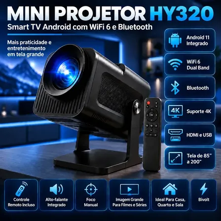 Projetor HY320 Mini Portátil Hardline Smart TV Android WiFi 6 390 ANSI Lumens Full HD Suporte 4K HDMI Bluetooth 85-200 Polegadas Alto Falante Com Controle Remoto Bivolt