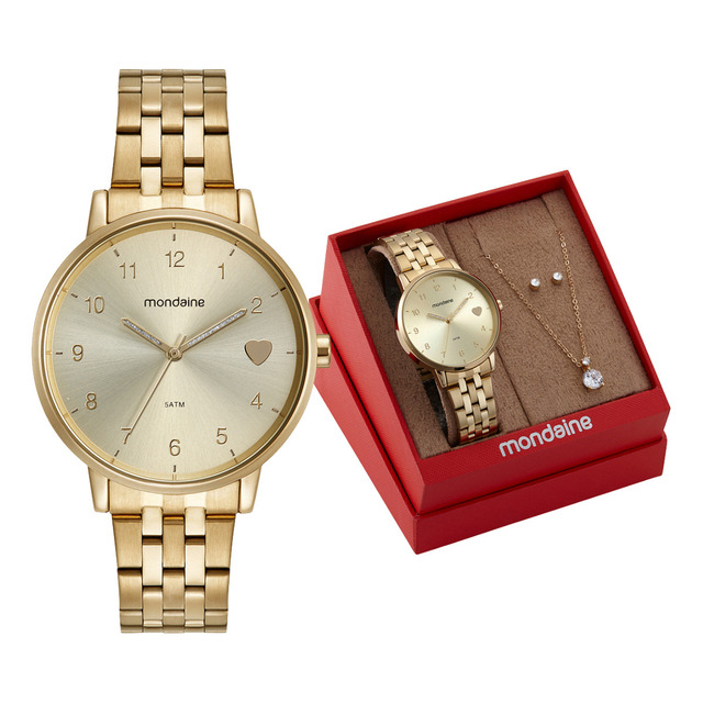 Kit Relogio Feminino Mondaine Dourado Colar Brincos Original 32597lpmkde1k1 Coração Kit Relogio Feminino Mondaine Dourado Colar Brincos Original 32597lpmkde1k1 Coração