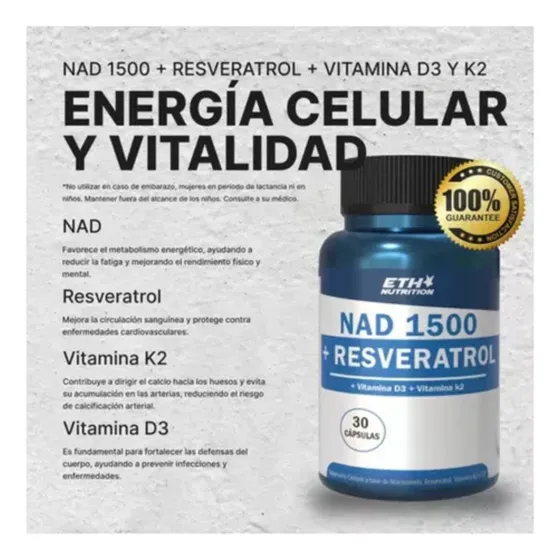 Eth Nad + Resveratrol 1500 Con K2 Y D3 Premium 3 Potes X 30 Cápsulas