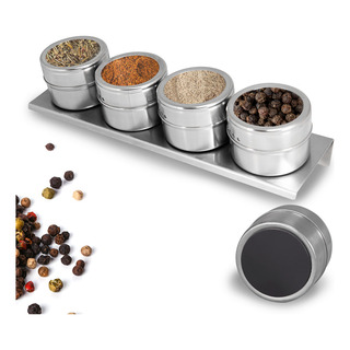 Set De 4 Especieros Magneticos Acero Inoxidable Con Base Set De 4 Especieros Magneticos Acero Inoxidable Con Base