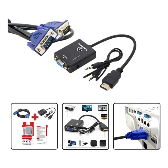 Conversor Adaptador Hdmi Vga Femea C/ Audio + Cabo Vga Macho