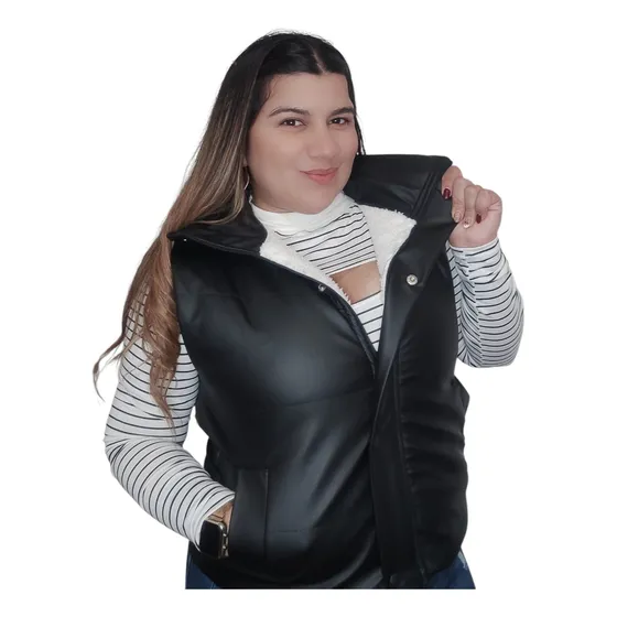 Chaleco Puffer Eco Cuero Con Bolsillos Mujer