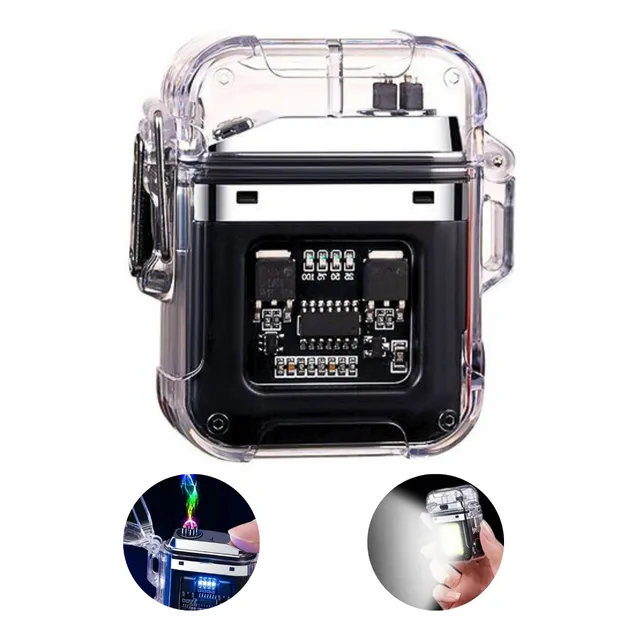 Super Lanterna Isqueiro Plasma Transparente Usb Prova D´agua