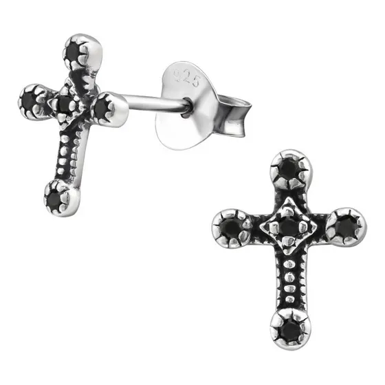 Aros Cruz Negra Plata 925 Hombre Mujer Aretes