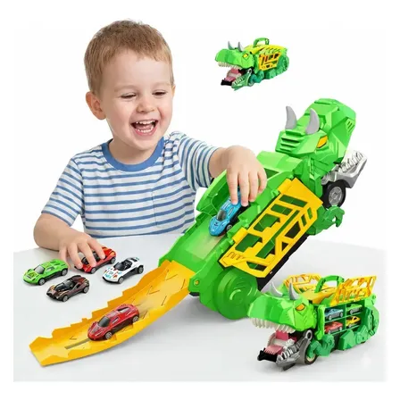 Maleta Caminhão Dinossauro Cegonha + 4 Carrinhos Pista Lançador Brinquedo Compatível Com Hotwheels Super Brasileirinho Verde