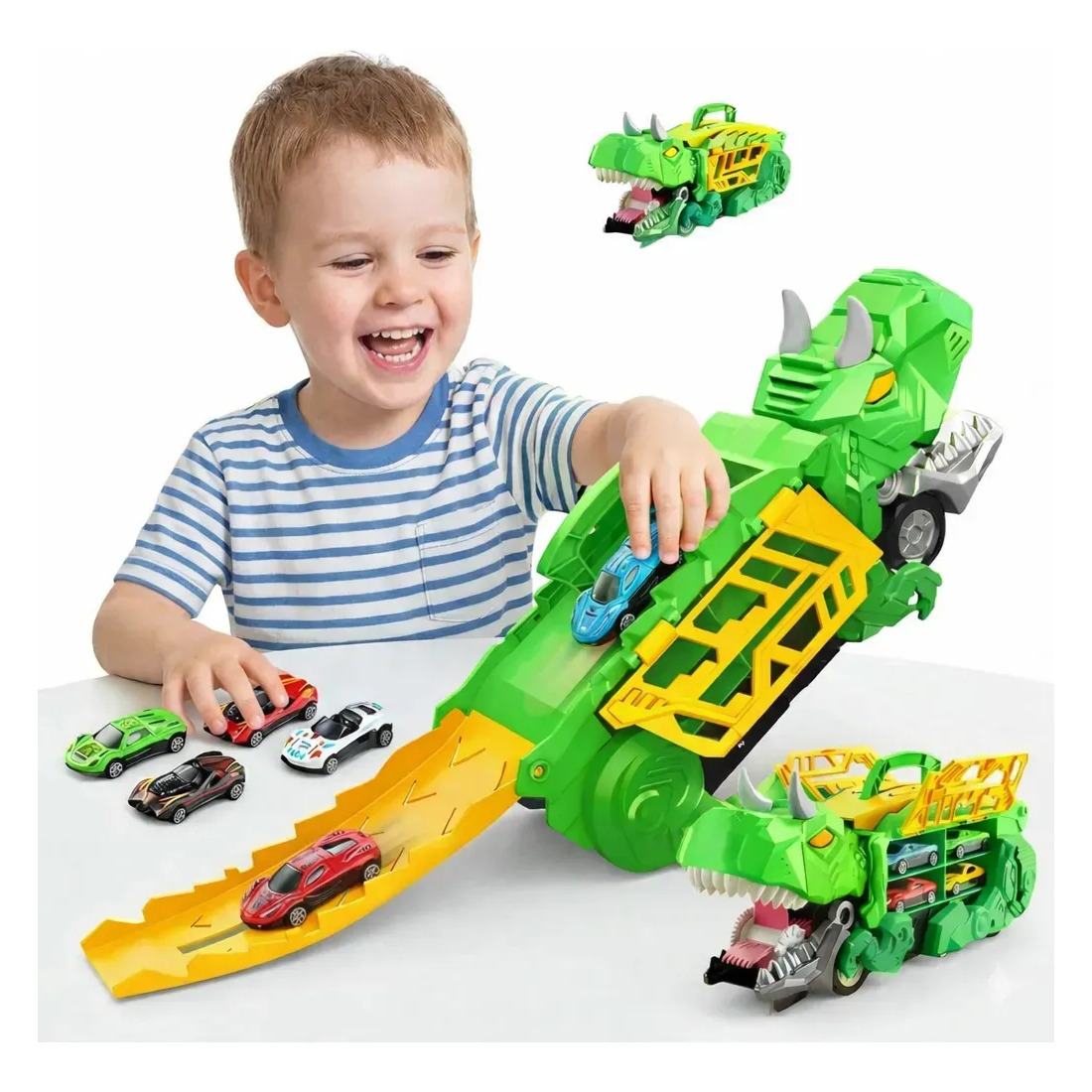 Maleta Caminhão Dinossauro Cegonha + 4 Carrinhos Pista Lançador Brinquedo Compatível Com Hotwheels Super Brasileirinho Verde