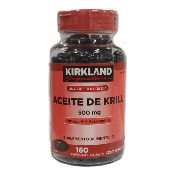 Suplemento En Cápsulas Kirkland Signature Aceite De Krill Alimenticio En Botella 160 Un softgels por día Contiene ácidos grasos omega-3 fosfolípidos y astaxantina Ayuda a mantener un corazón saludable