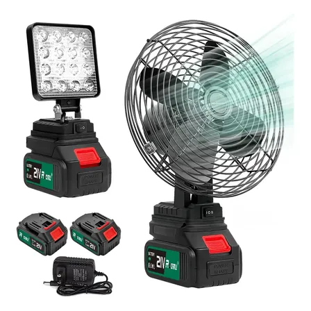 Kit Ventilador Portatil 8'' + Luz Led 4'' 2 Baterias Recarregável Lanterna Refletor Lampada Luz Led