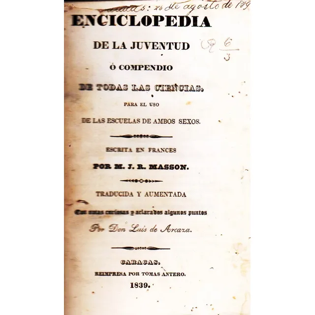 Enciclopedia De Ciencias Para Las Escuelas De Caracas 1839