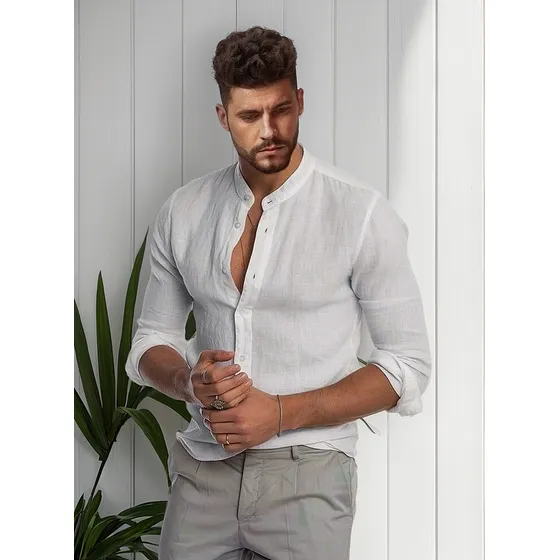 Camisa De Lino Blanca Manga Larga De Hombre