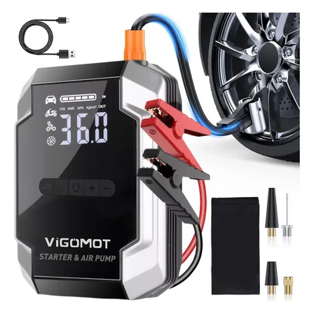 Vigomot Auxiliar Partida Bateria 3000a Carro Moto Com Compressor Ar Emergência Portátil, Lanterna Potente, Suporta 30 Partidas, Com Power Bank, Bolsa De Transporte