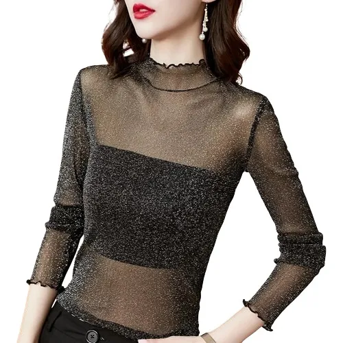 Blusa Transparente Brillante Sexy Manga Larga 