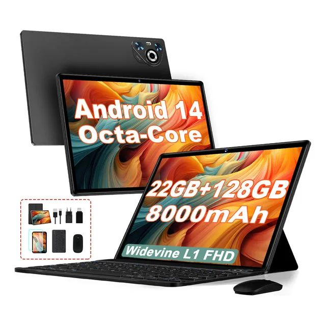 Tableta Dghrti Tab30 10.1 22gb Ram 128gb Rom, Tf/1tb, 2.4g+5g Wifi Octa-core 2.0 Ghz 8000mah Widevine L1 Bt5.0 Con Funda Mouse Teclado Y Camara Dual, Face Id-Negro
