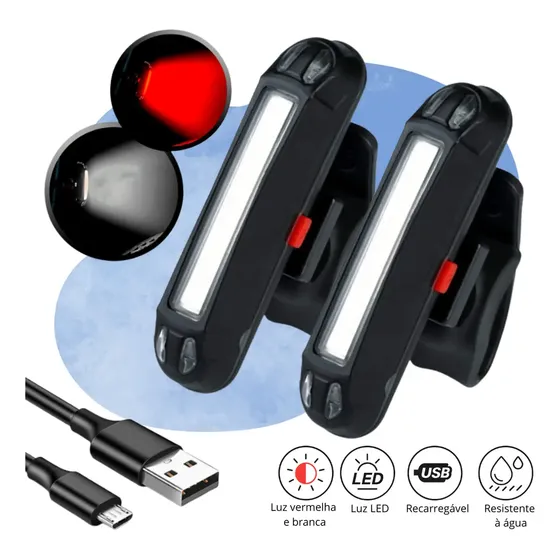 Kit 2 Lanterna Bike Sinalizador Bicicleta Luz de Segurança Led Traseiro Farol 2 Cores Recarregável Cor Preto Iluminação Branco e Vermelho